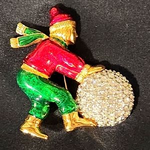 Swarovski  Swan  Signed Enameled Brooch  Child Rolling Snowball  Christmas